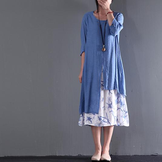 Scoop Neck Asymmetrical Layered Botanical Print Linen Midi Dress 3
