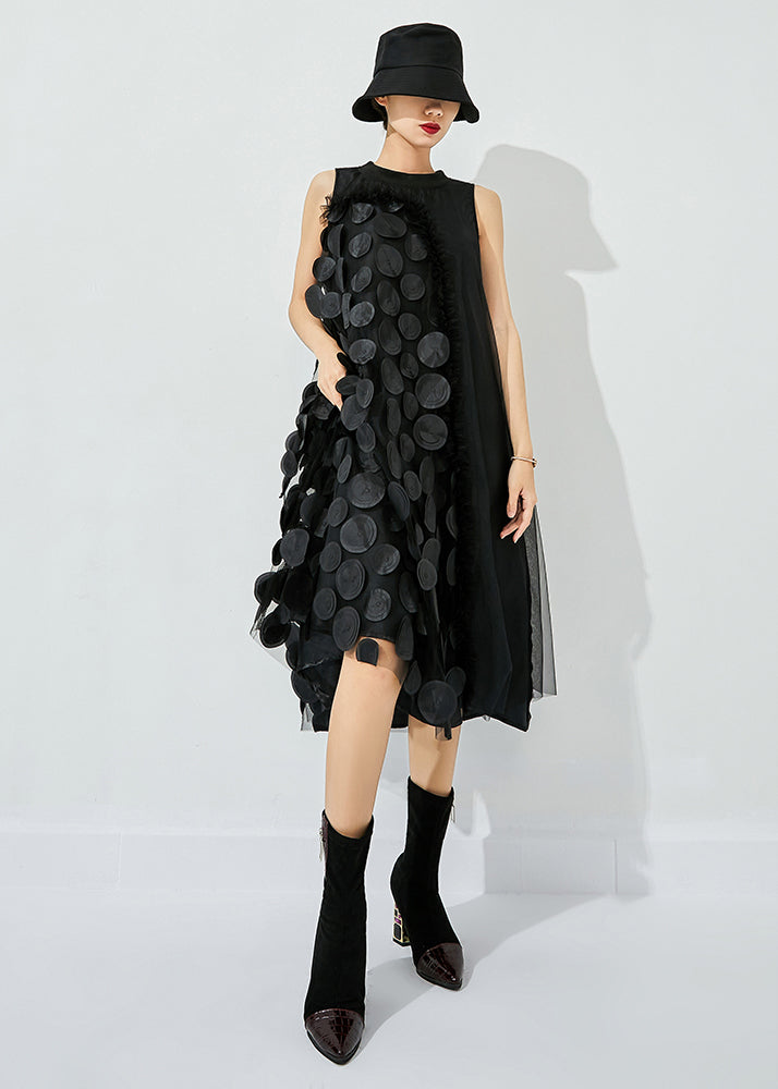 Mock Neck Sleeveless 3D Circular Applique Ruffle Trim Sheer Midi Dress 4