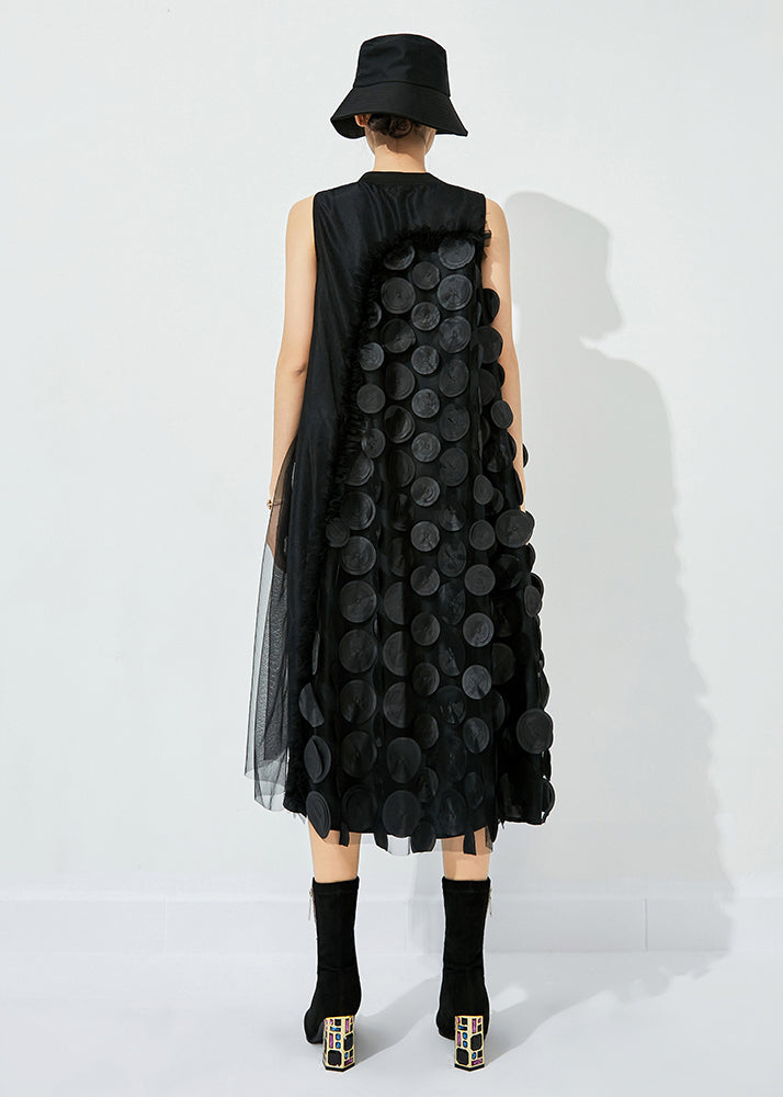 Mock Neck Sleeveless 3D Circular Applique Ruffle Trim Sheer Midi Dress 5