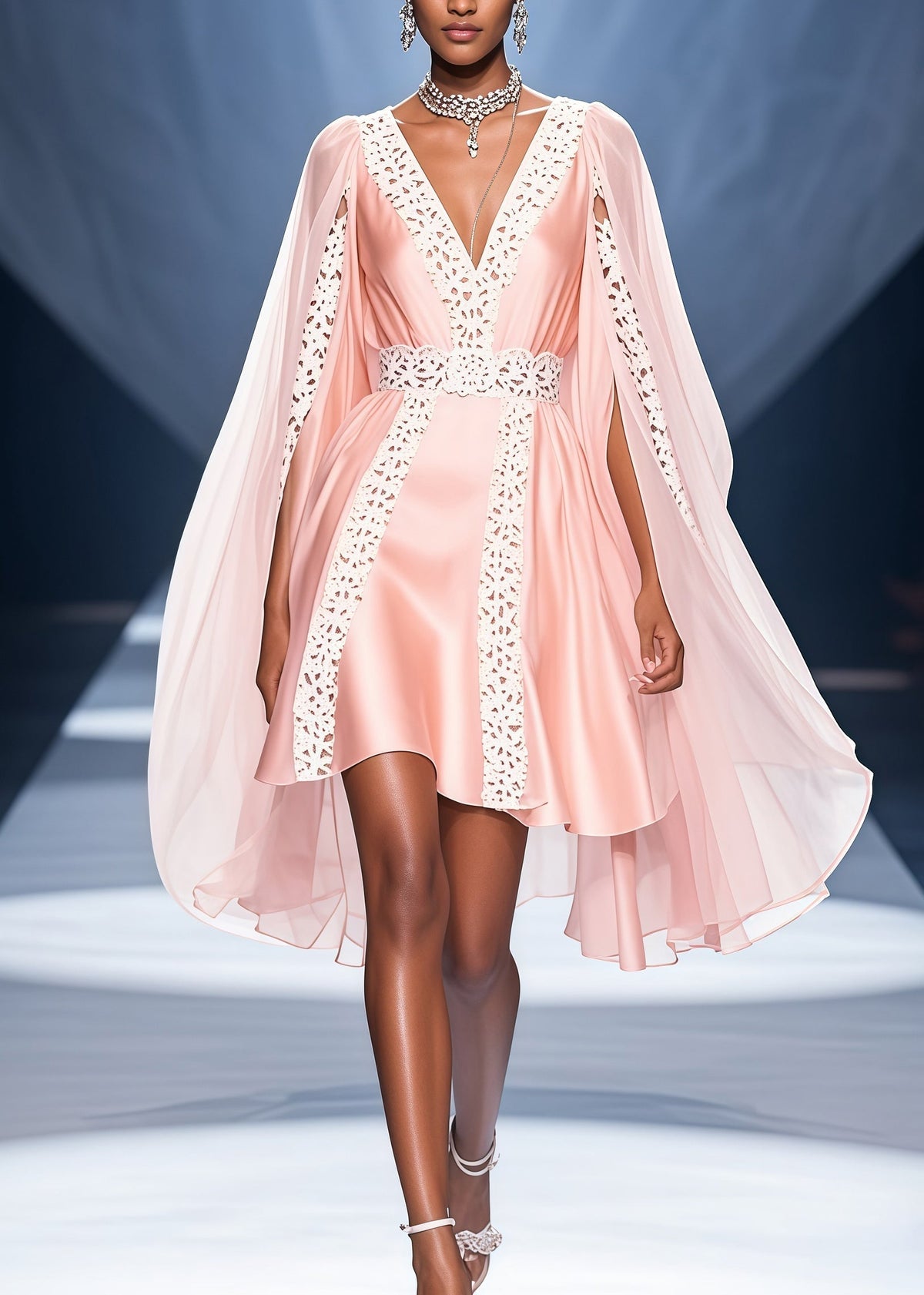 Deep V-Neck Lace Belt Cape Sleeve Satin Mini Mini Dress