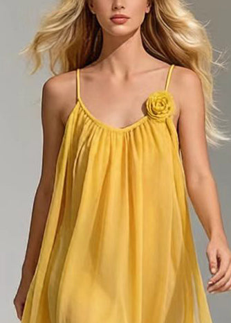 Spaghetti Strap Gathered V-Neck Floral Rosette Applique Chiffon Maxi Dress 2
