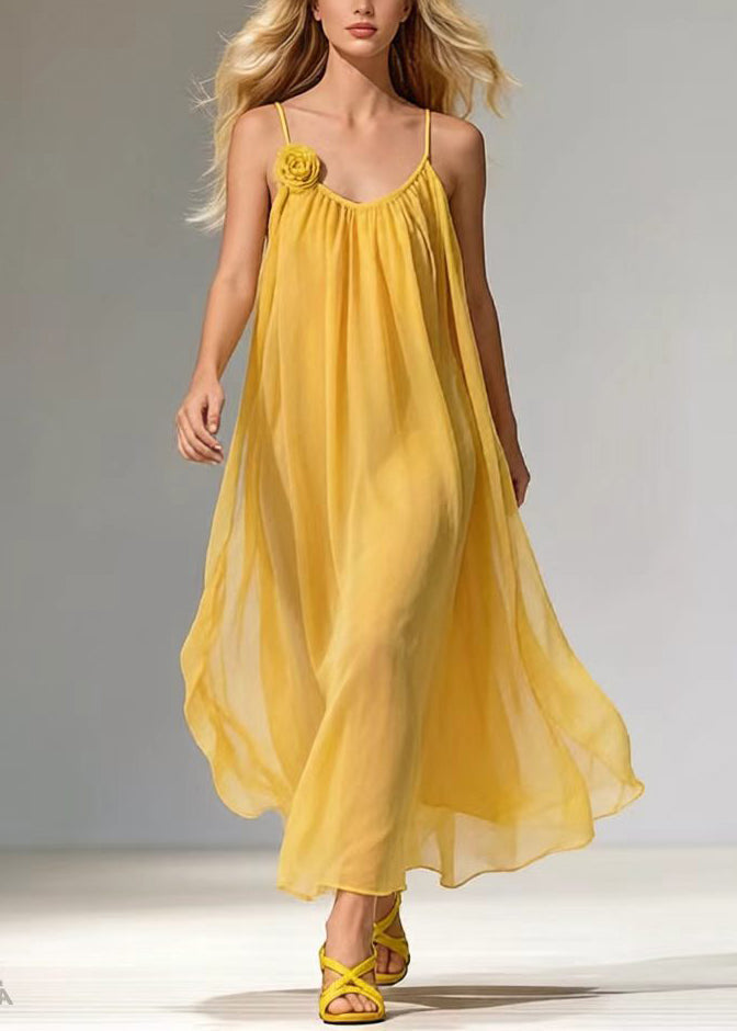 Spaghetti Strap Gathered V-Neck Floral Rosette Applique Chiffon Maxi Dress 3