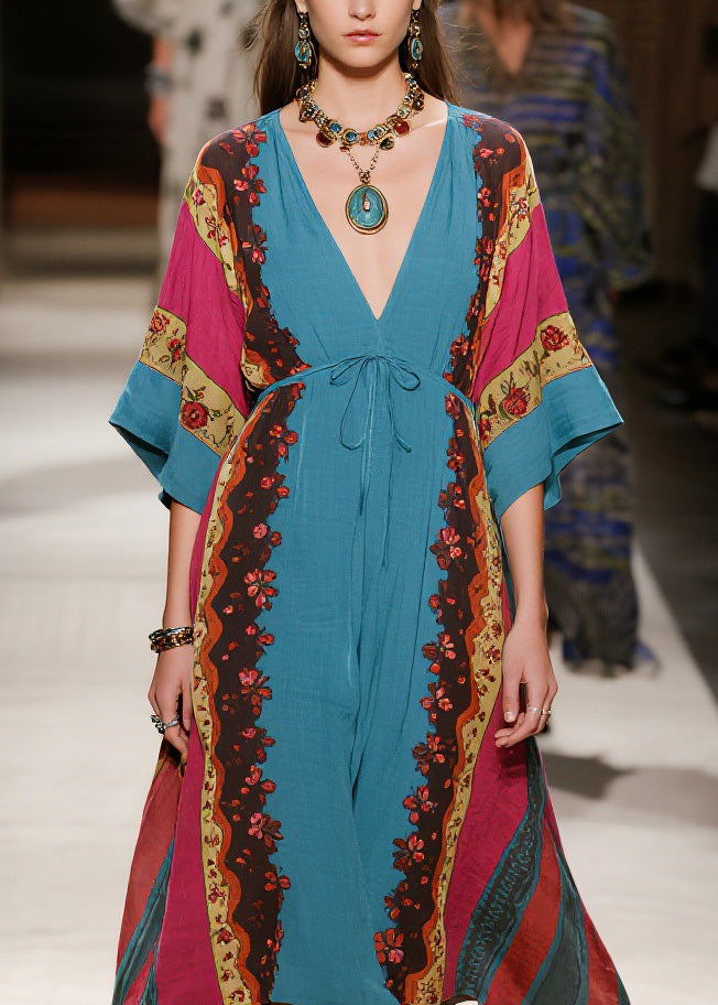 Deep V Neck Patchwork Floral Border Lace Up Kimono Midi Dress 2