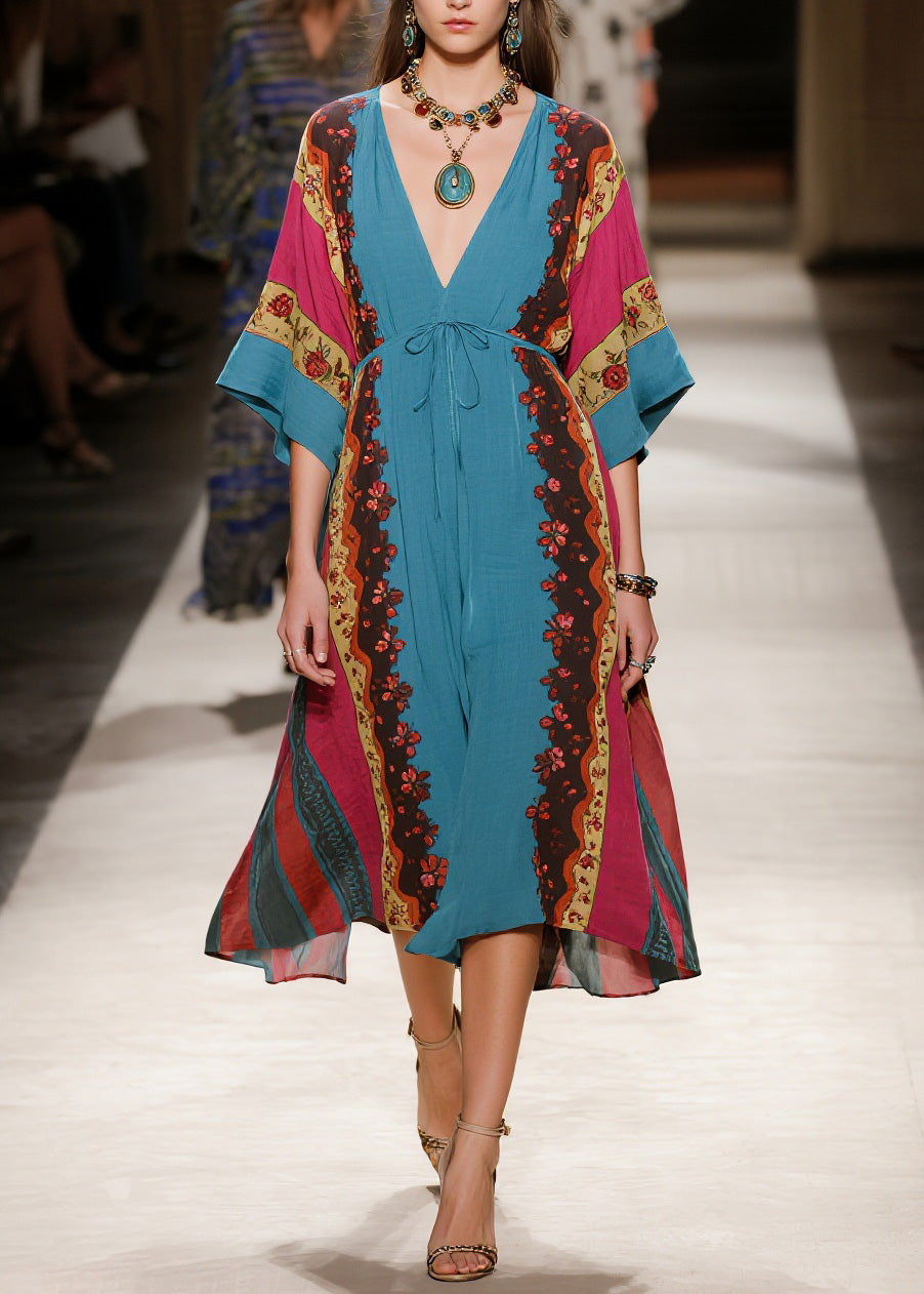 Deep V Neck Patchwork Floral Border Lace Up Kimono Midi Dress 3