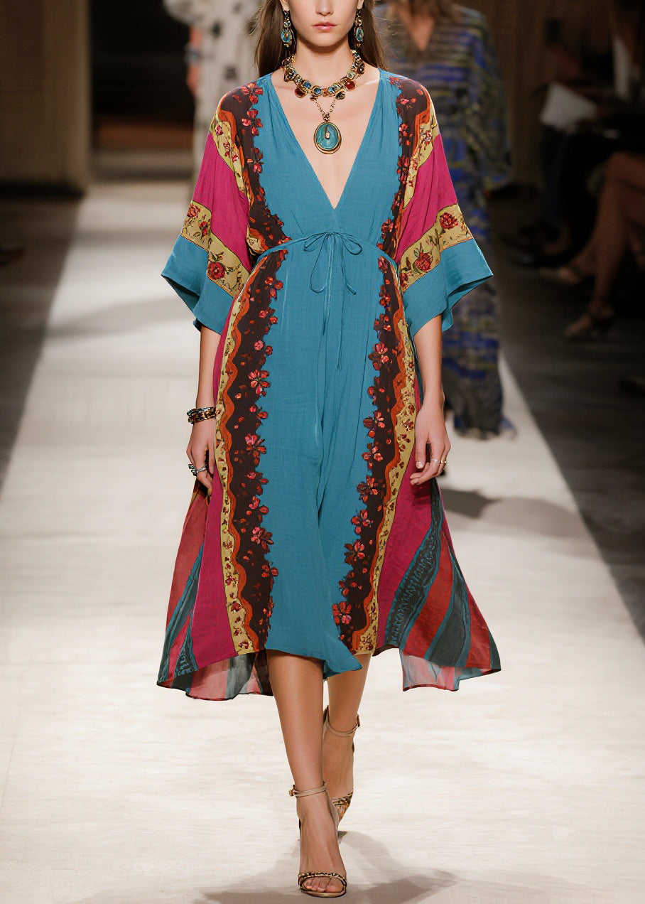 Deep V Neck Patchwork Floral Border Lace Up Kimono Midi Dress 5
