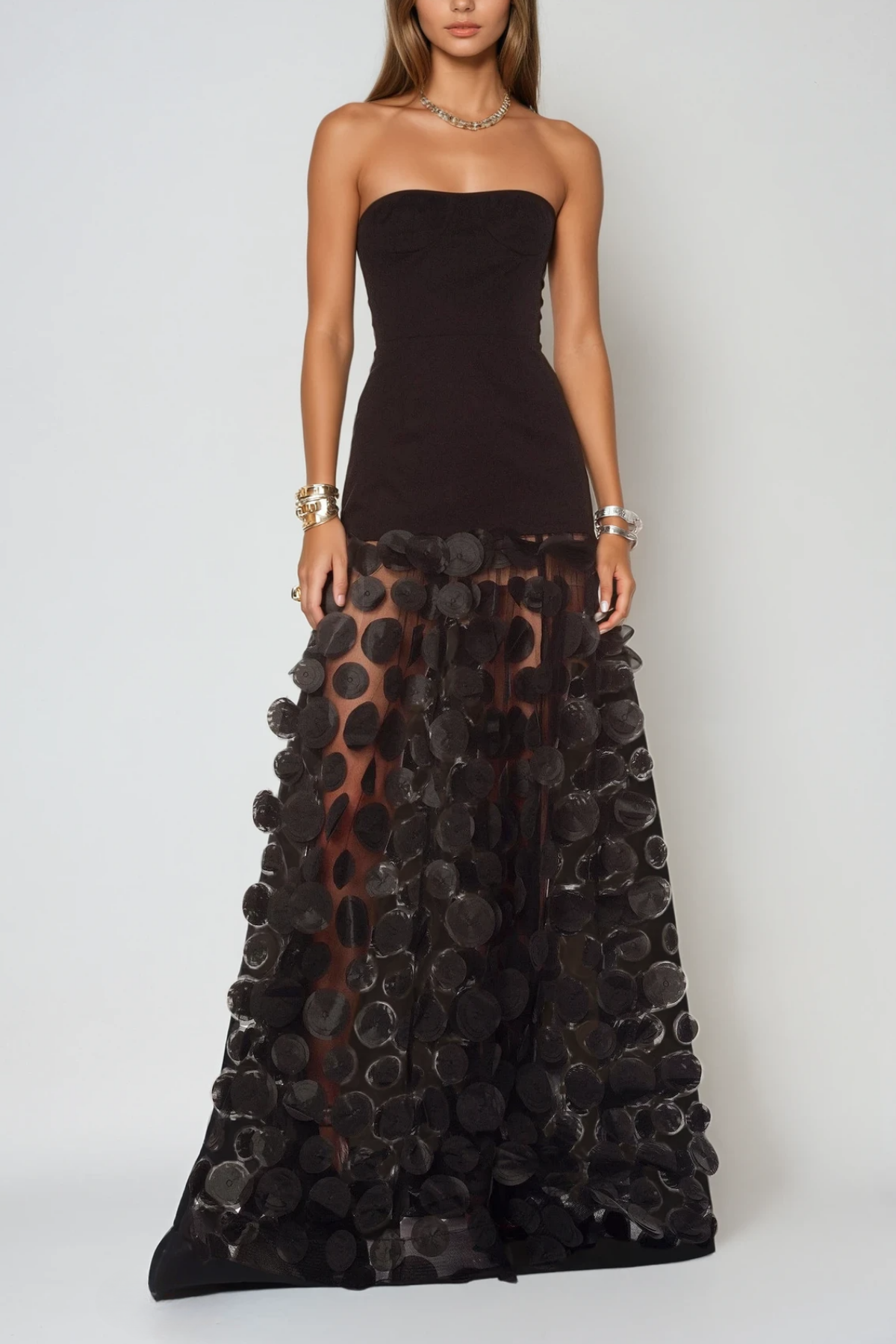 Strapless 3D Polka Dot Applique Sheer Mesh Ball Gown Maxi Dress