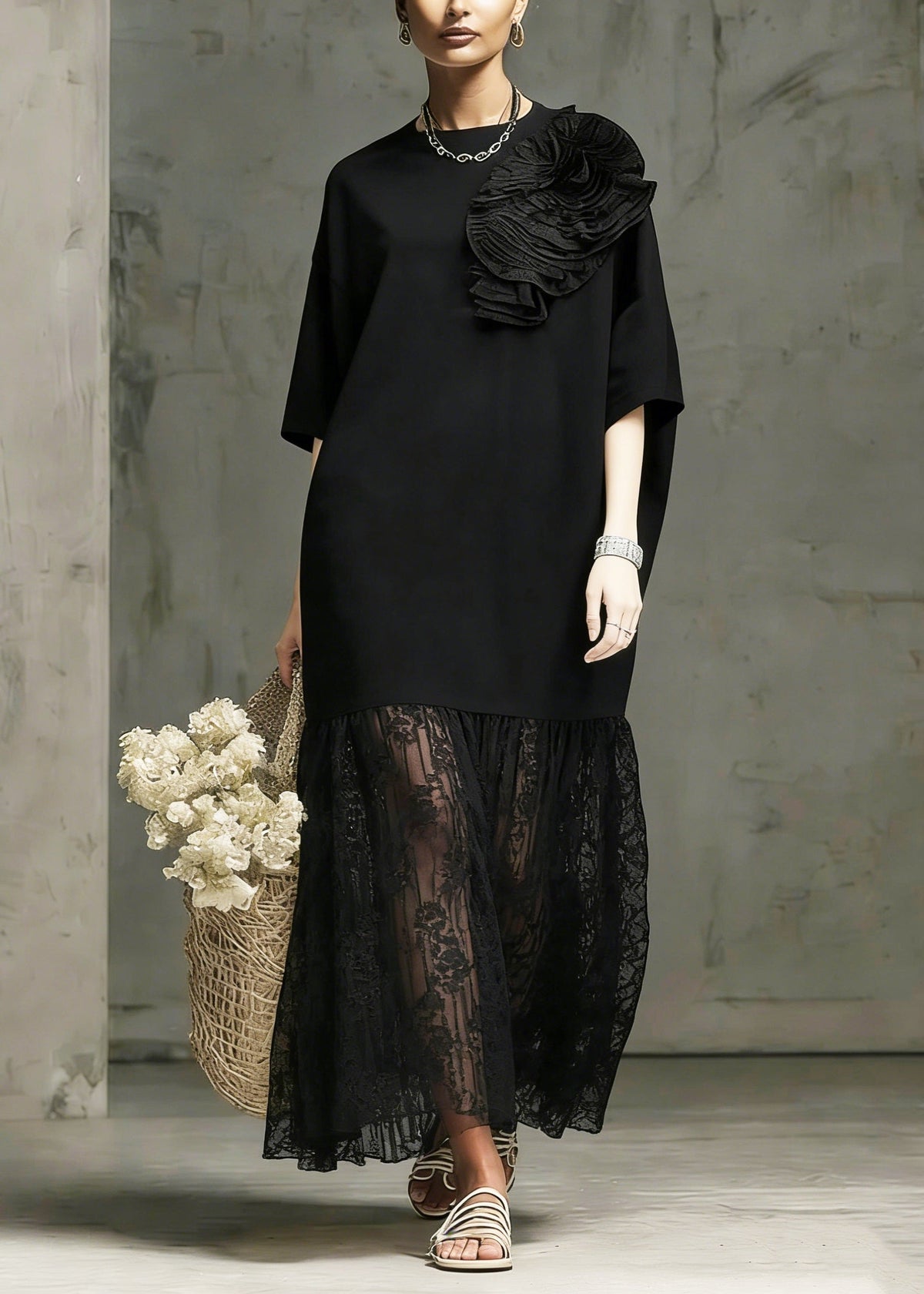 Round Neck 3D Rosette Lace Tier Oversized Midi Dress