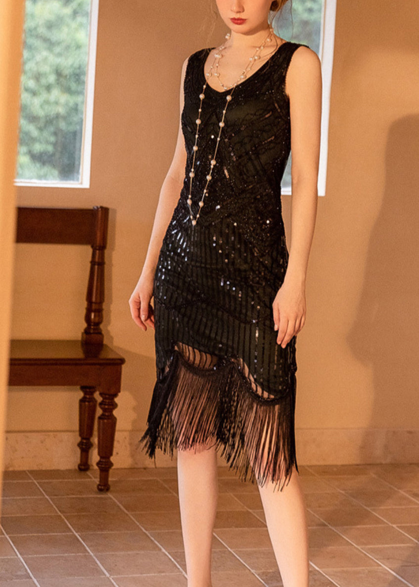 V-Neck Geometric Sequin Fringe Tiered Knee-Length Dress 3