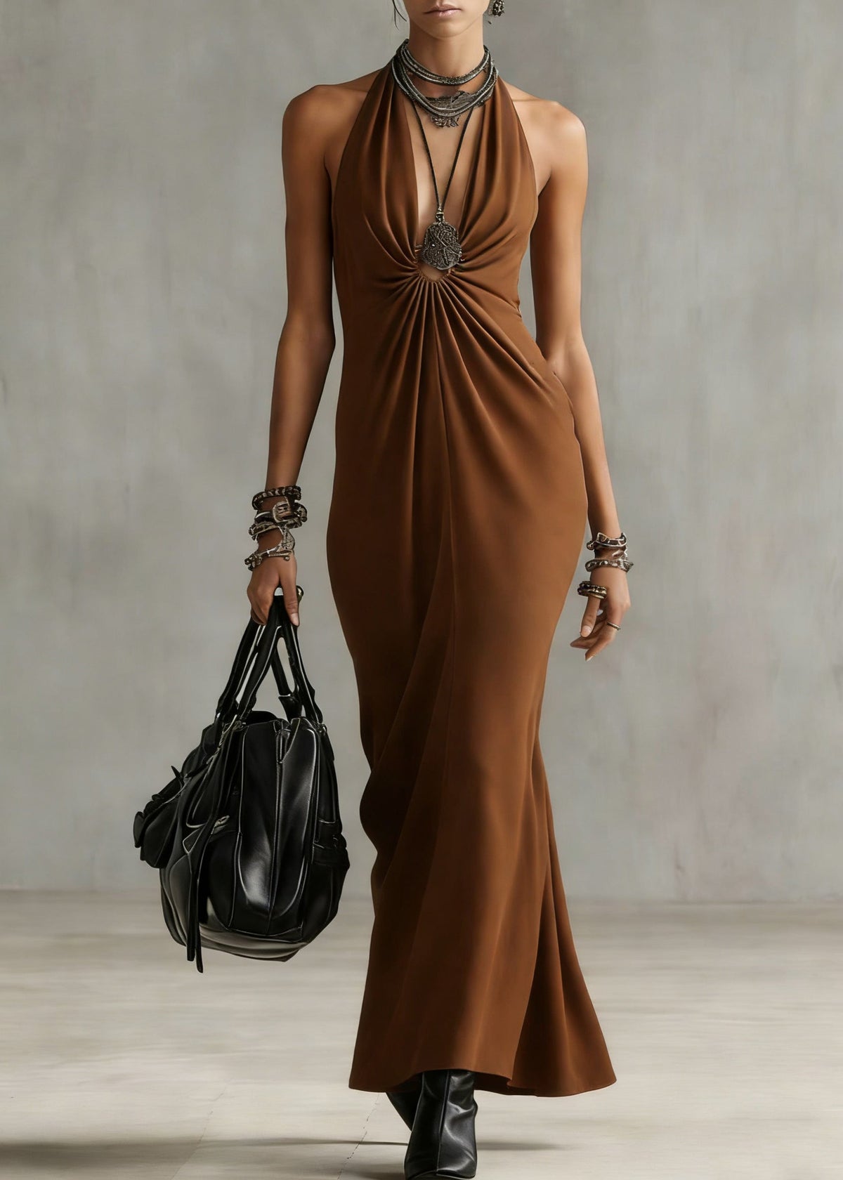 Halter Deep V Neck Center Gathered Ruched Column Maxi Dress