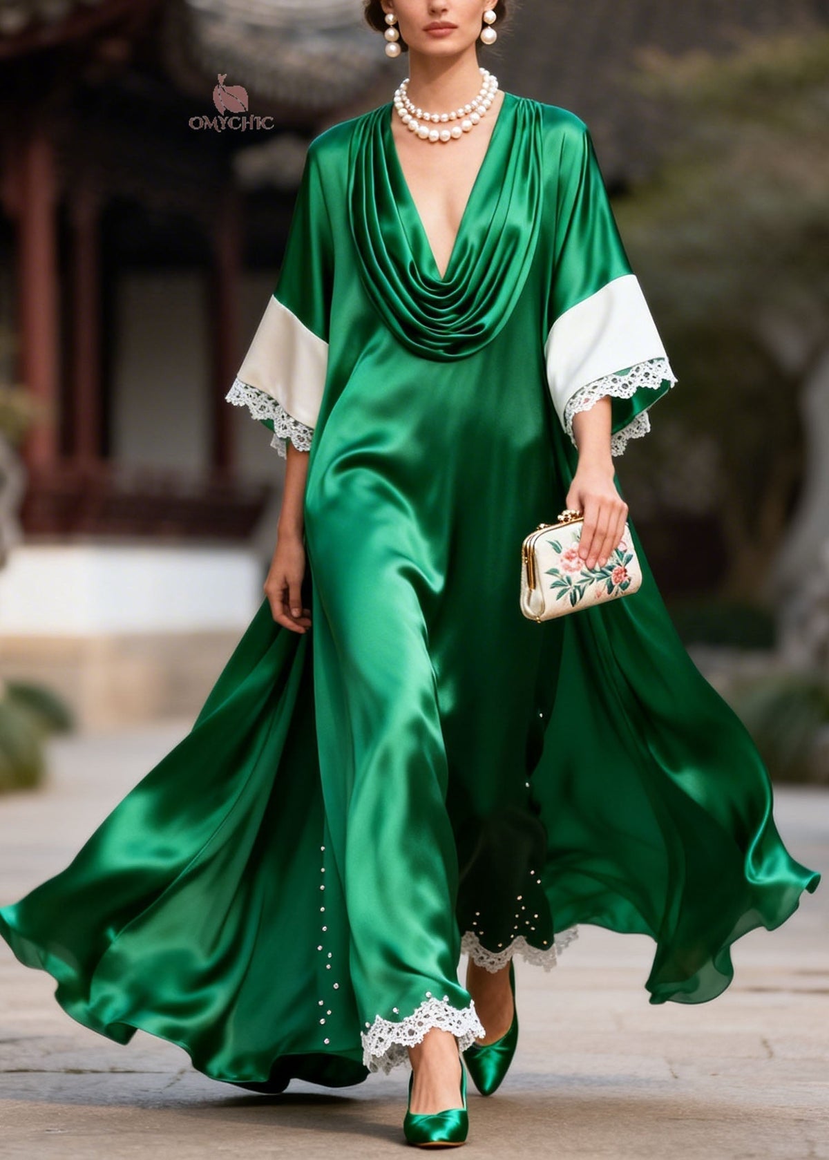 Round Neck Lace Panel Beaded Embroidery Tiered Maxi Dress