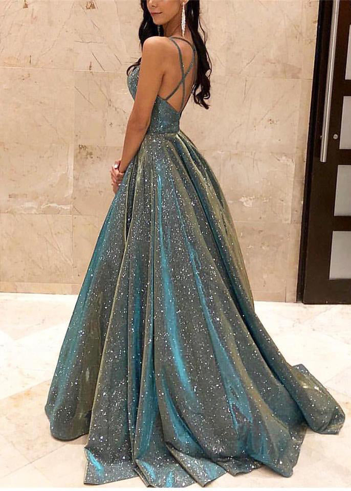 Crossback Strappy Sequin Pleated Full Skirt Ball Gown