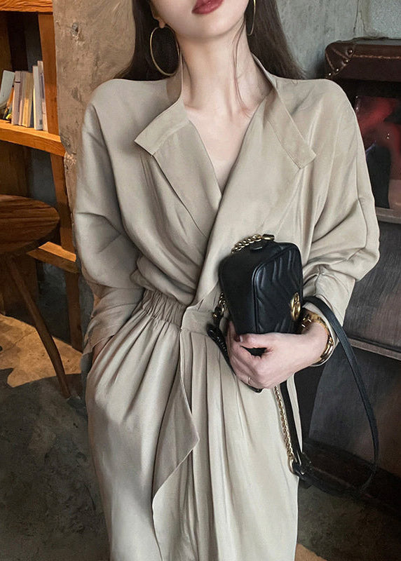 Deep V Neck Blazer Collar Elastic Waist Wrap Midi Dress