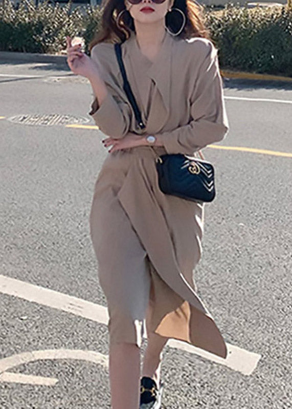 Deep V Neck Blazer Collar Elastic Waist Wrap Midi Dress 2