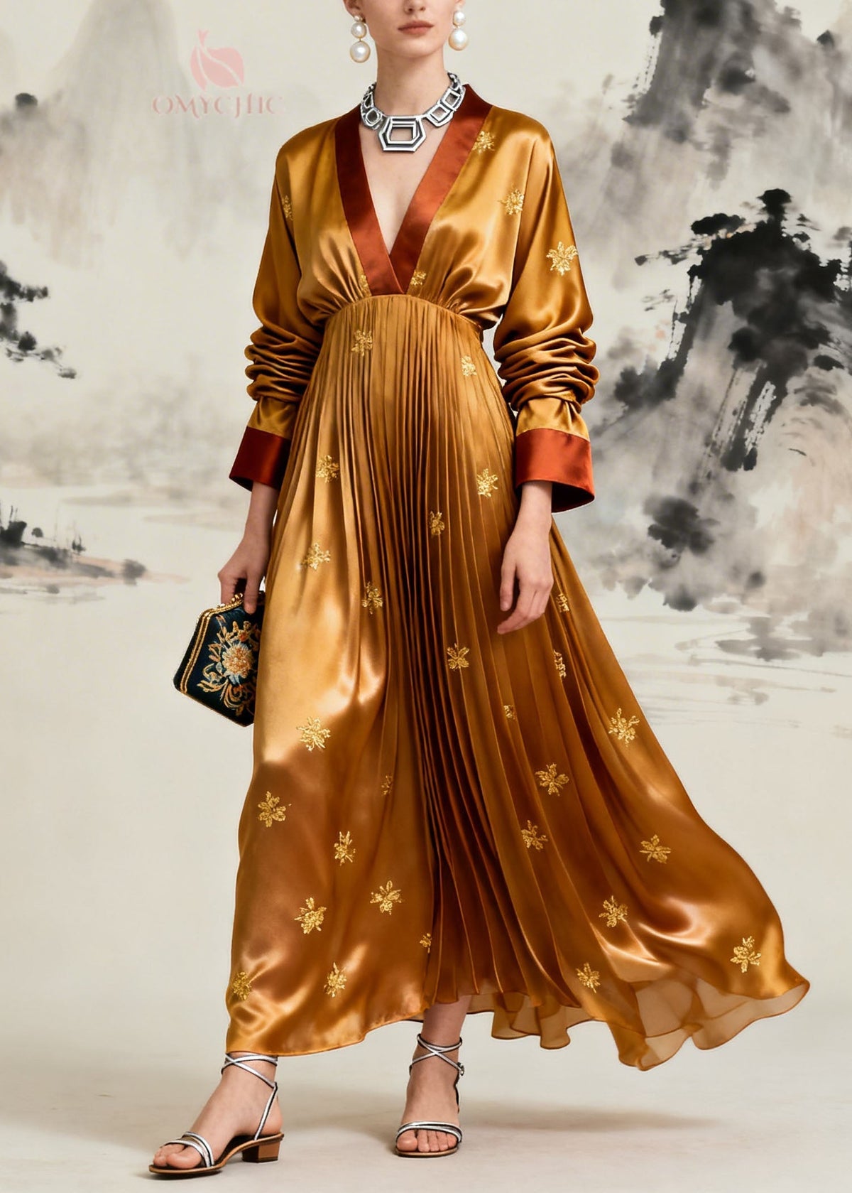 Deep V-Neck Contrast Trim Puff Sleeve Accordion Pleated Embroidered Satin Maxi Gown