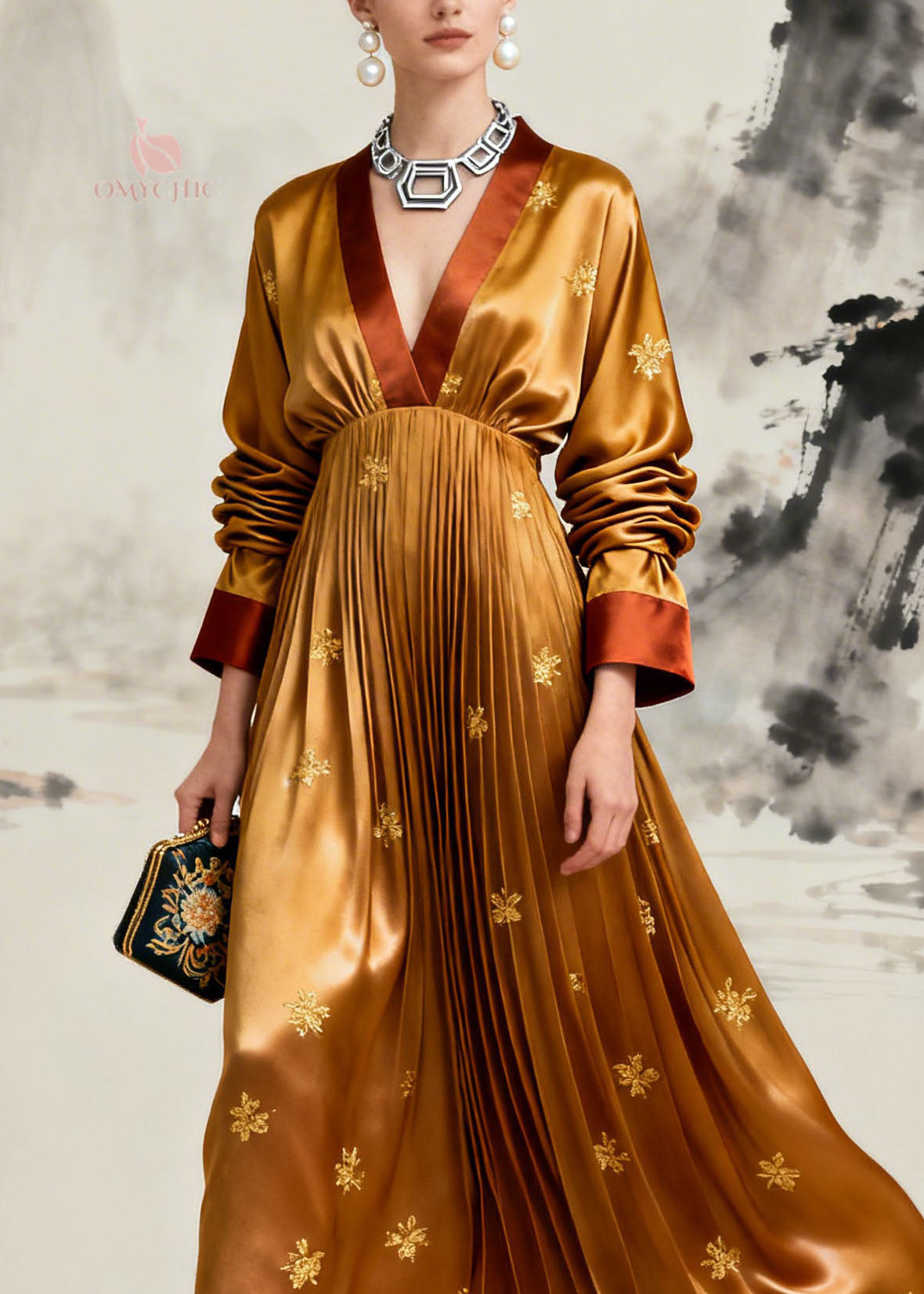 Deep V-Neck Contrast Trim Puff Sleeve Accordion Pleated Embroidered Satin Maxi Gown 2