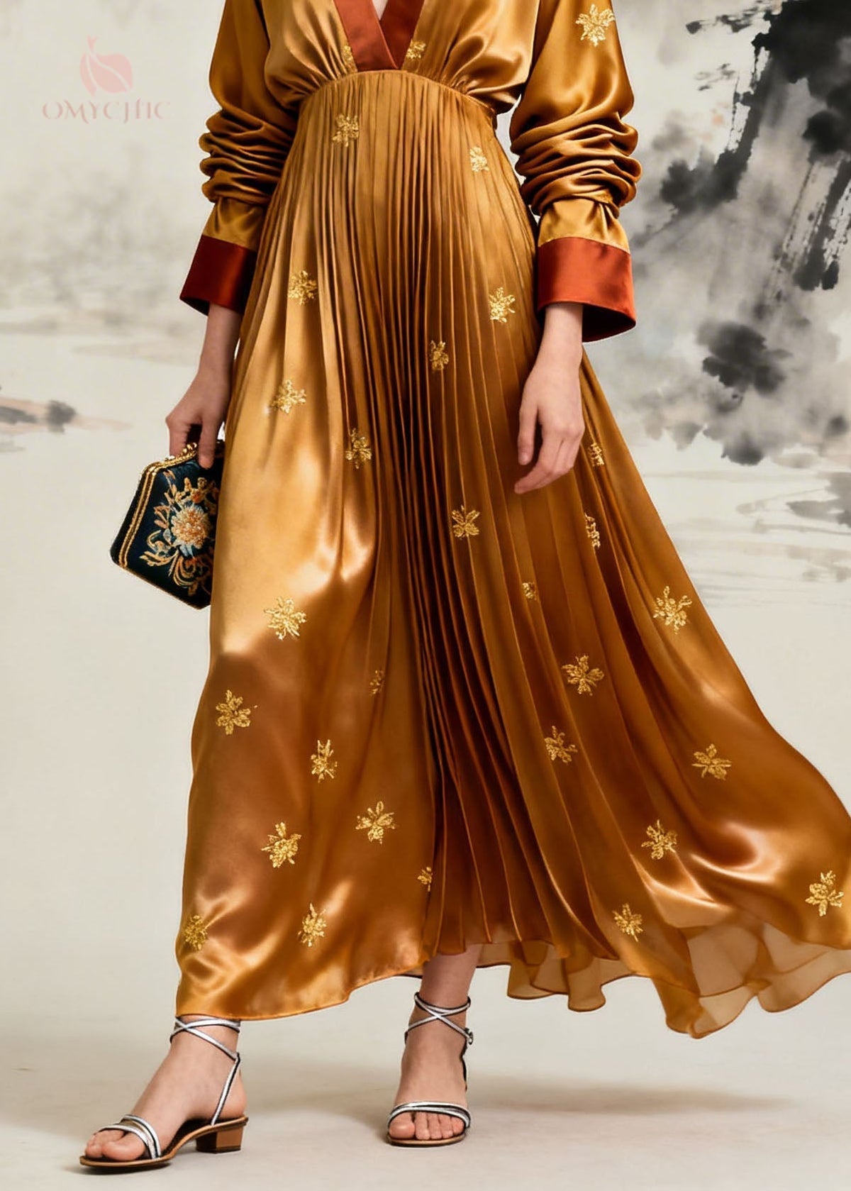 Deep V-Neck Contrast Trim Puff Sleeve Accordion Pleated Embroidered Satin Maxi Gown 4