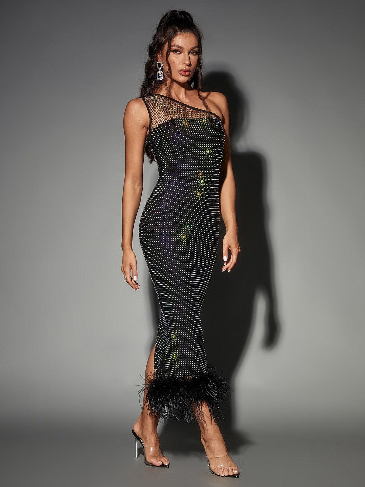 One Shoulder Mesh Panel Rhinestone Grid Feather Trim Bandage Mini Dress 3