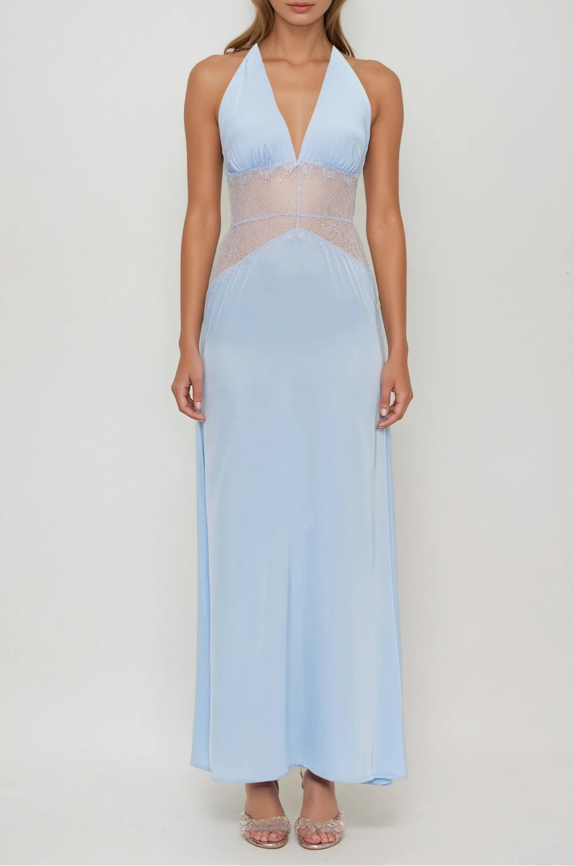 Halter Neck Plunging Lace Panel Satin Maxi Dress