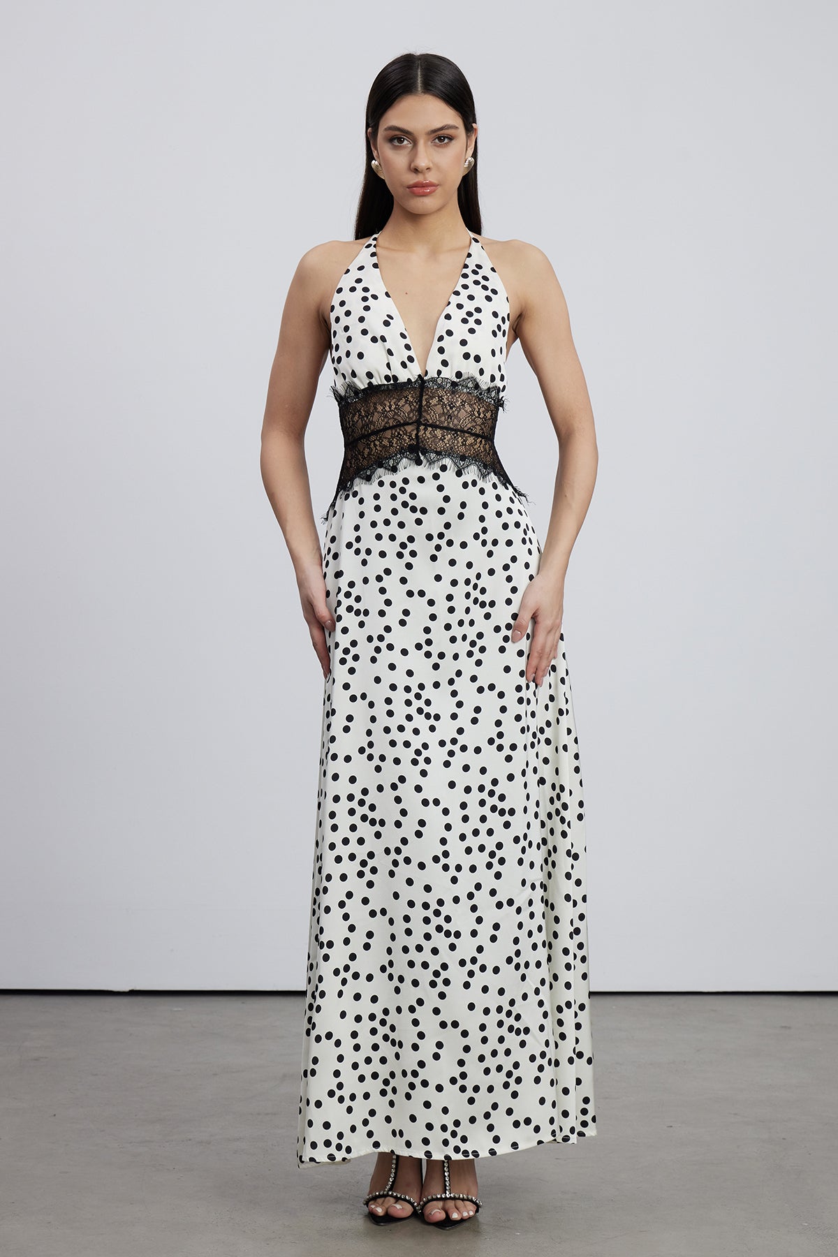 Halter Deep V Lace Panel Polka Dot Satin Maxi Gown