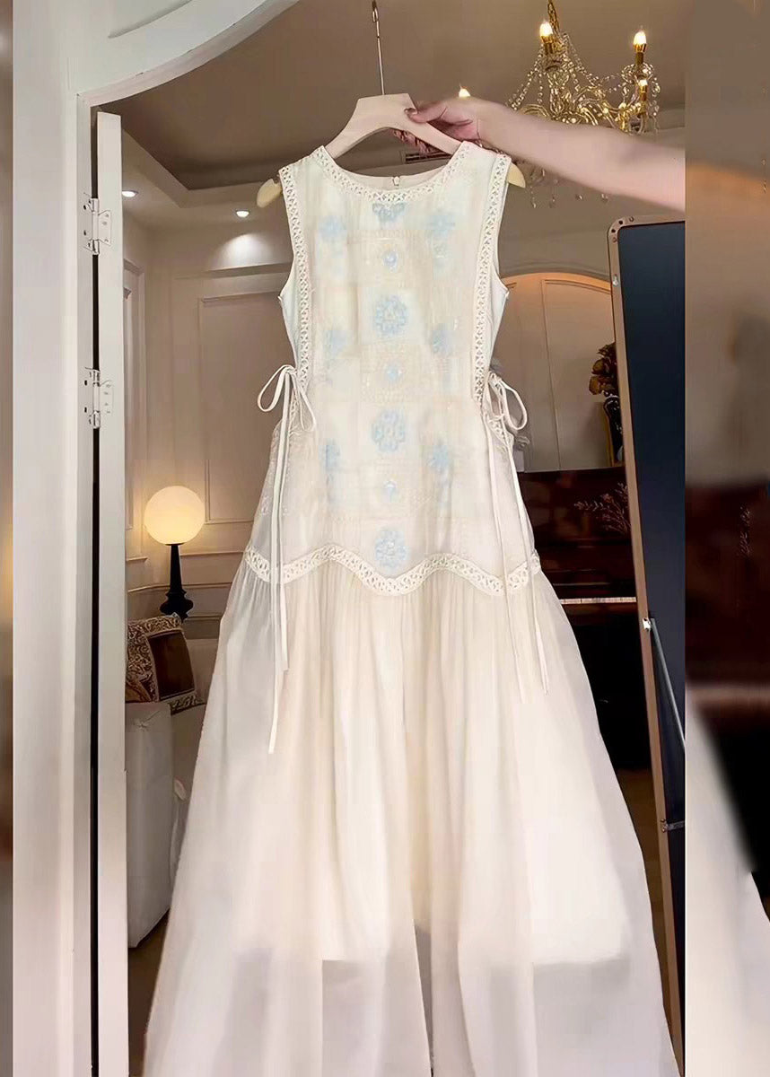 Round Neck Crochet Lace Trim Embroidered Bodice Side-Tie Tulle Maxi Dress 5