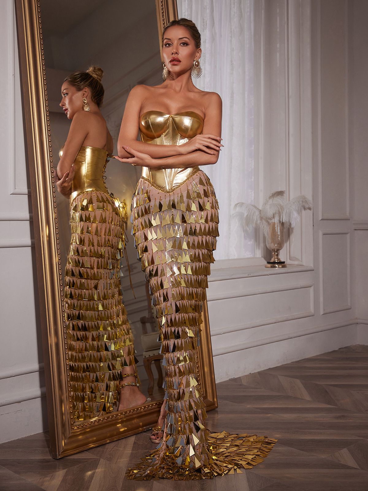 Corset Acrylic Fringe Column Maxi Gown