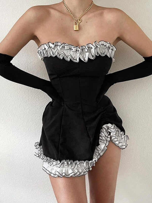 Black Strapless Ruffle Trim Bodycon Mini Dress