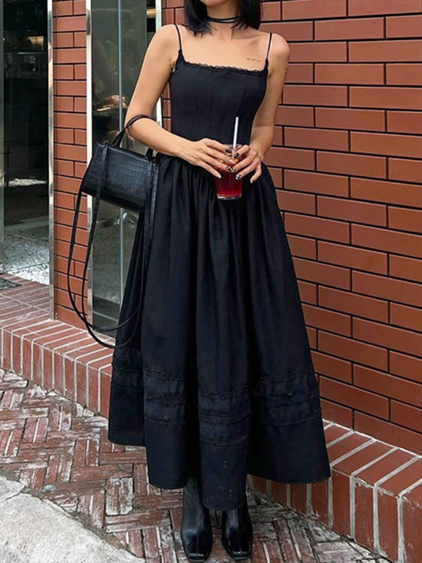 Black Square Neck Spaghetti Strap Corset Maxi Dress