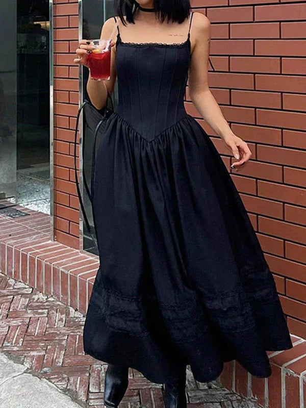 Square Neck Corset Basque Waist Lace Band Pleated Maxi Dress