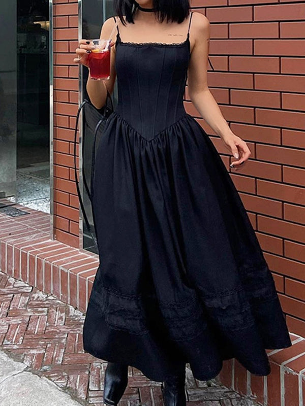 Black Square Neck Spaghetti Strap Corset Maxi Dress