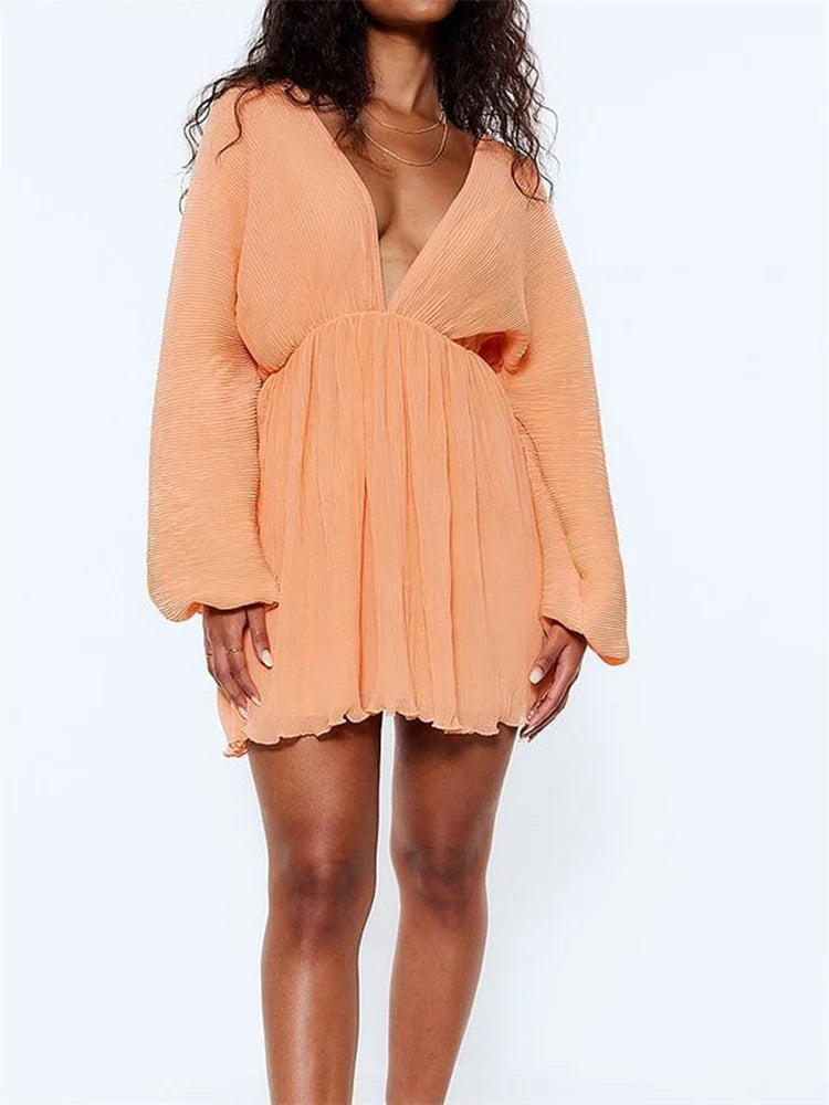 Plissé Deep V-Neck Bell Sleeve Empire Waist Mini Dress 3