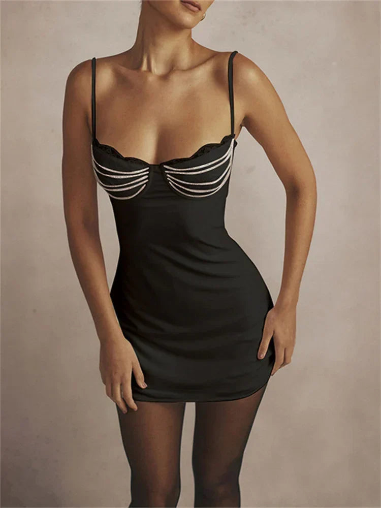 Rhinestone Chain Strap Lace Trim Sweetheart Corset Bodycon Mini Dress 5