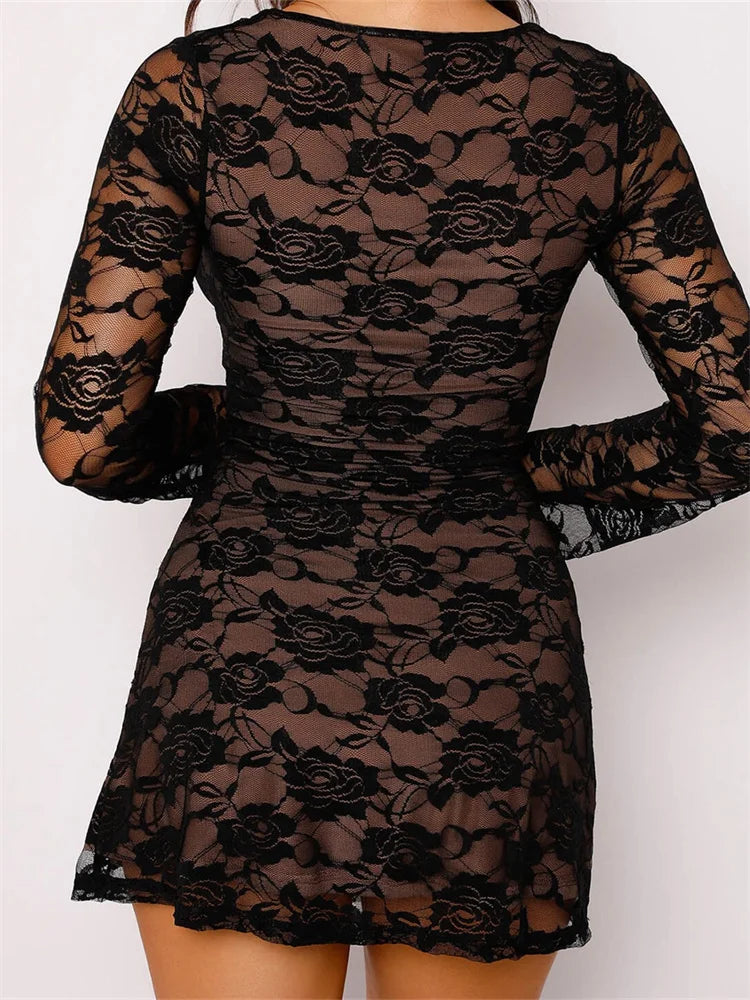 Plunging Sweetheart Floral Lace Long Sleeve Mesh Lined Bodycon Mini Dress 3