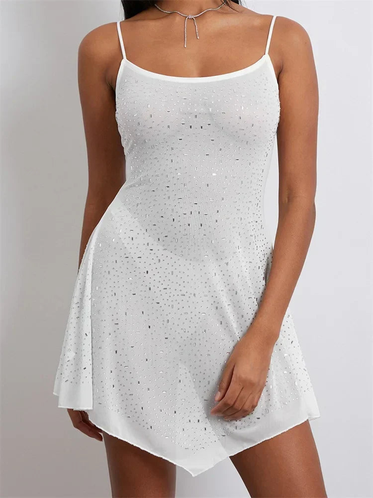 Sheer Rhinestone Mesh Scoop Neck Spaghetti Strap Flared Hem Mini Dress 5