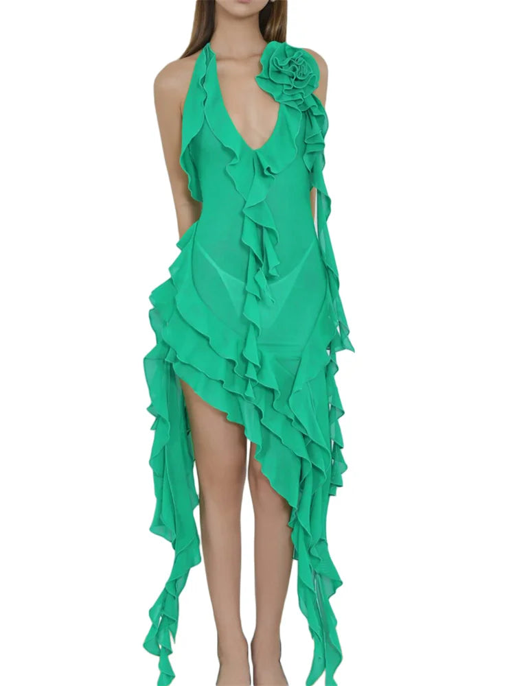 Chiffon Halter Deep V-Neck Rosette Cascade Ruffle High Low Mini Dress 3