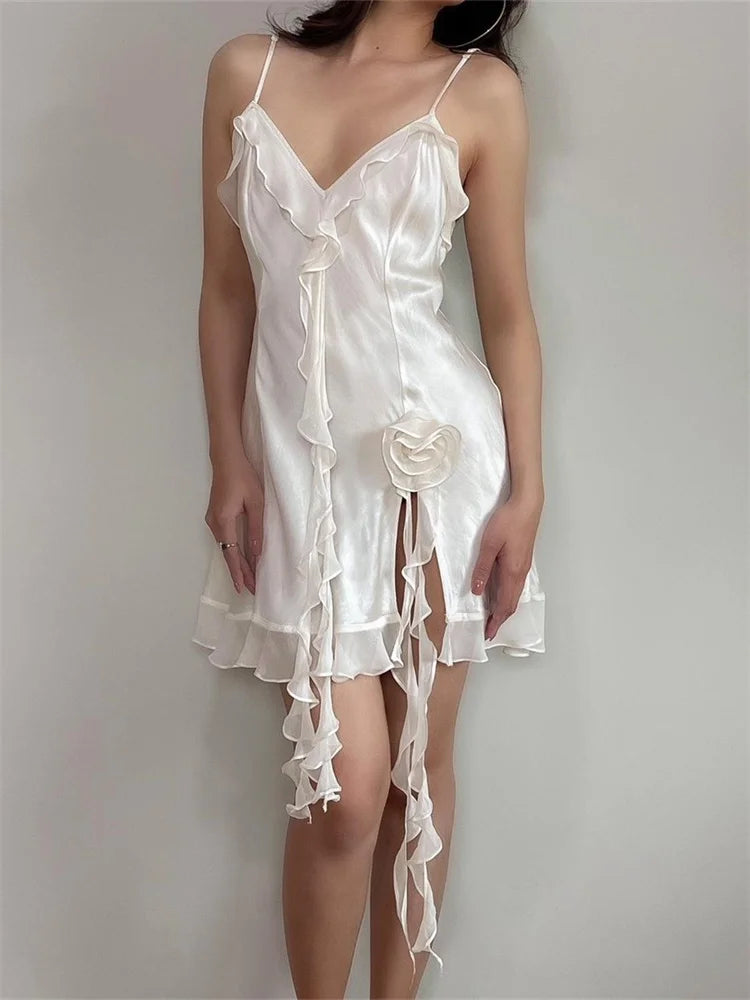 Satin Spaghetti Strap Center Ruffle 3D Floral Appliqué Tiered Ruffle Hem Mini Dress 2
