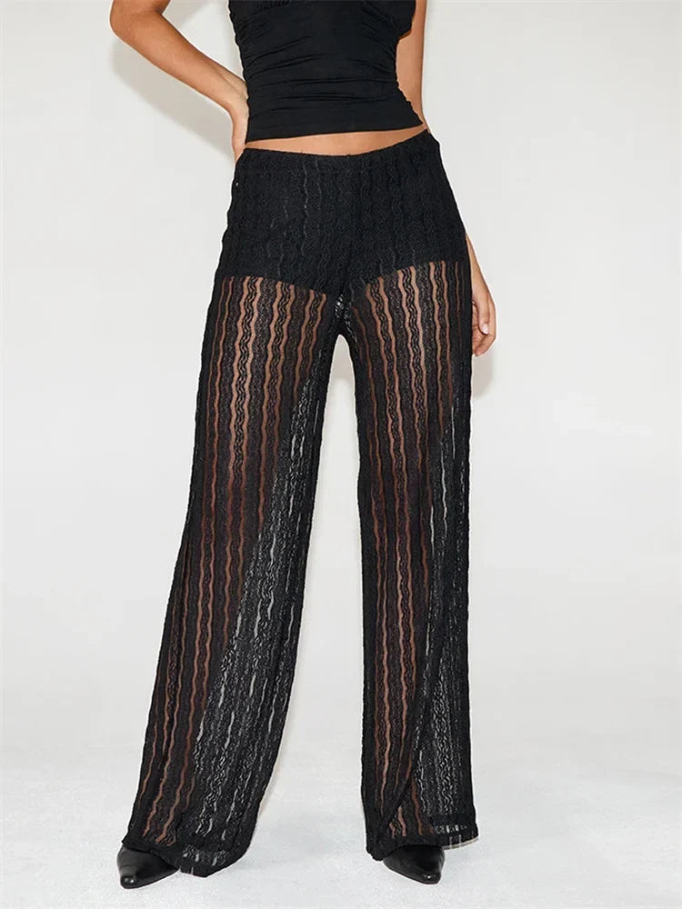 Black Sheer Lace Stripe Wide-Leg See-Through Pants