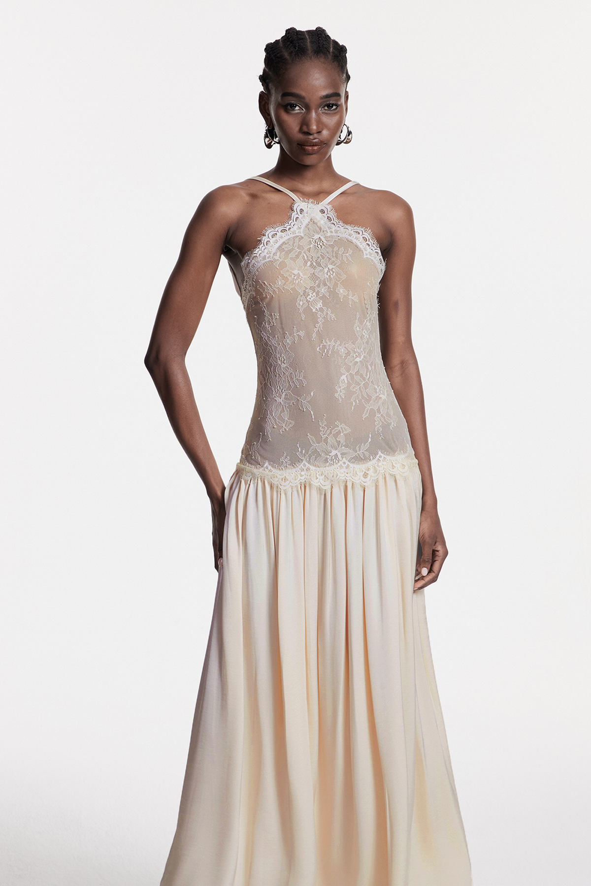 Halter Floral Lace Bodice Pleated Maxi Gown with Eyelash Trim