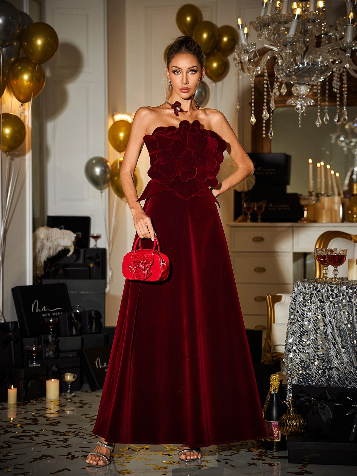 Strapless Flower Applique Velvet Column Maxi Gown