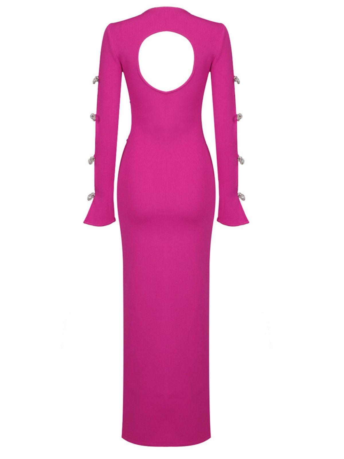 Round Neck Rib Knit Long Sleeve Bow Cutout Bandage Maxi Dress 8