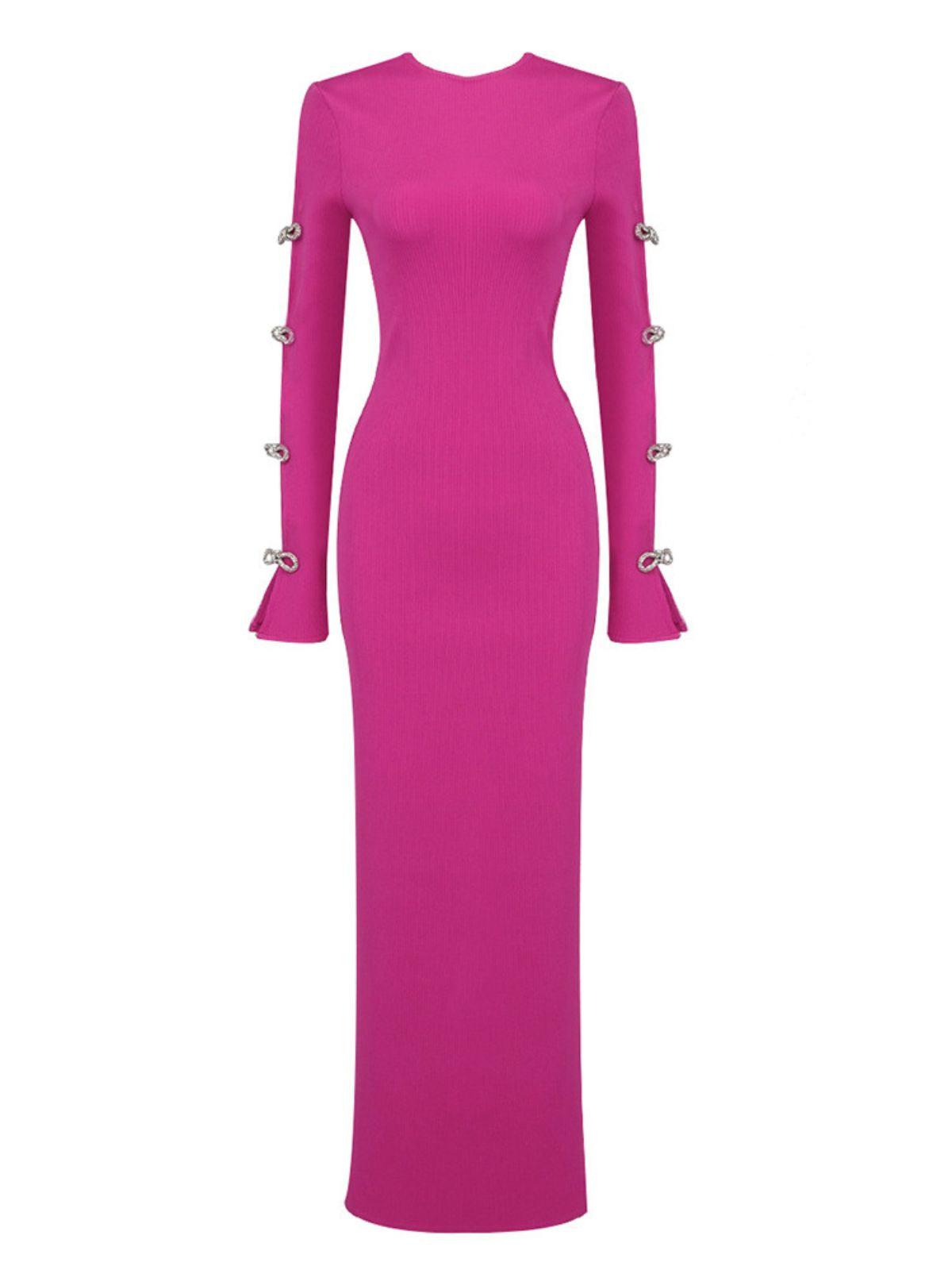Round Neck Rib Knit Long Sleeve Bow Cutout Bandage Maxi Dress 6