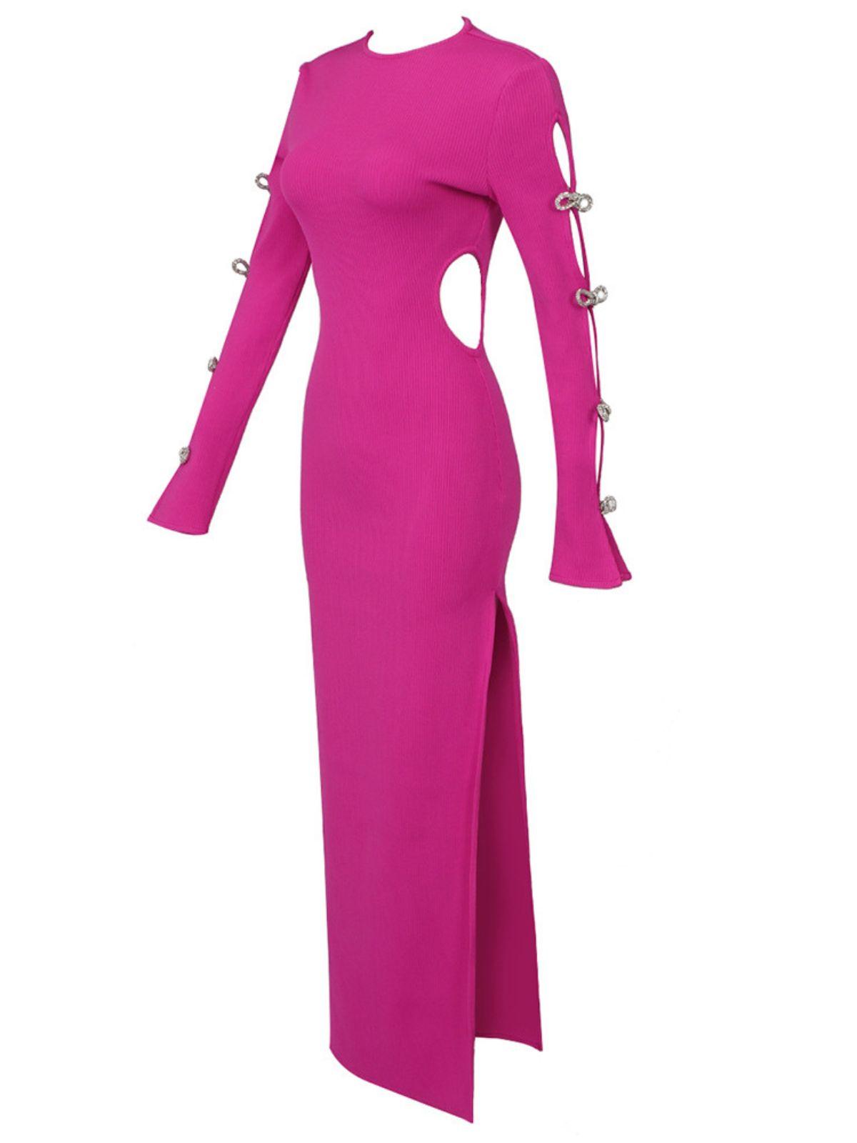 Round Neck Rib Knit Long Sleeve Bow Cutout Bandage Maxi Dress 7