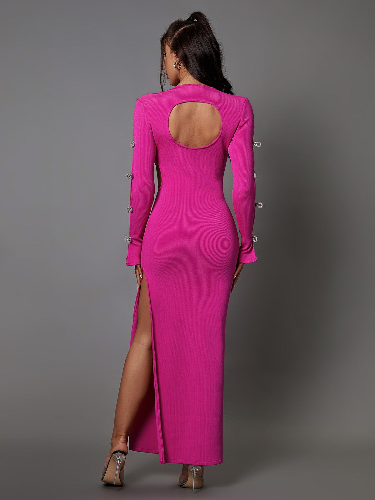 Round Neck Rib Knit Long Sleeve Bow Cutout Bandage Maxi Dress 5