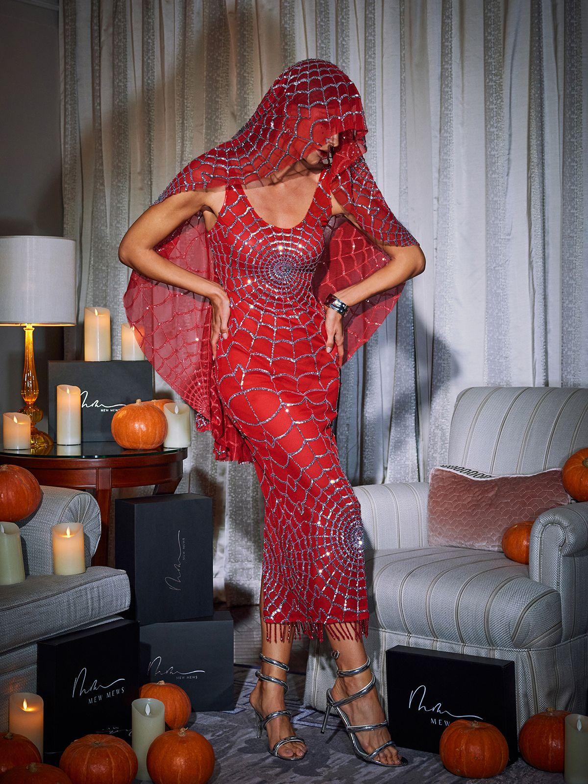 Scoop Neck Glitter Spiderweb Beaded Fringe Midi Dress 3