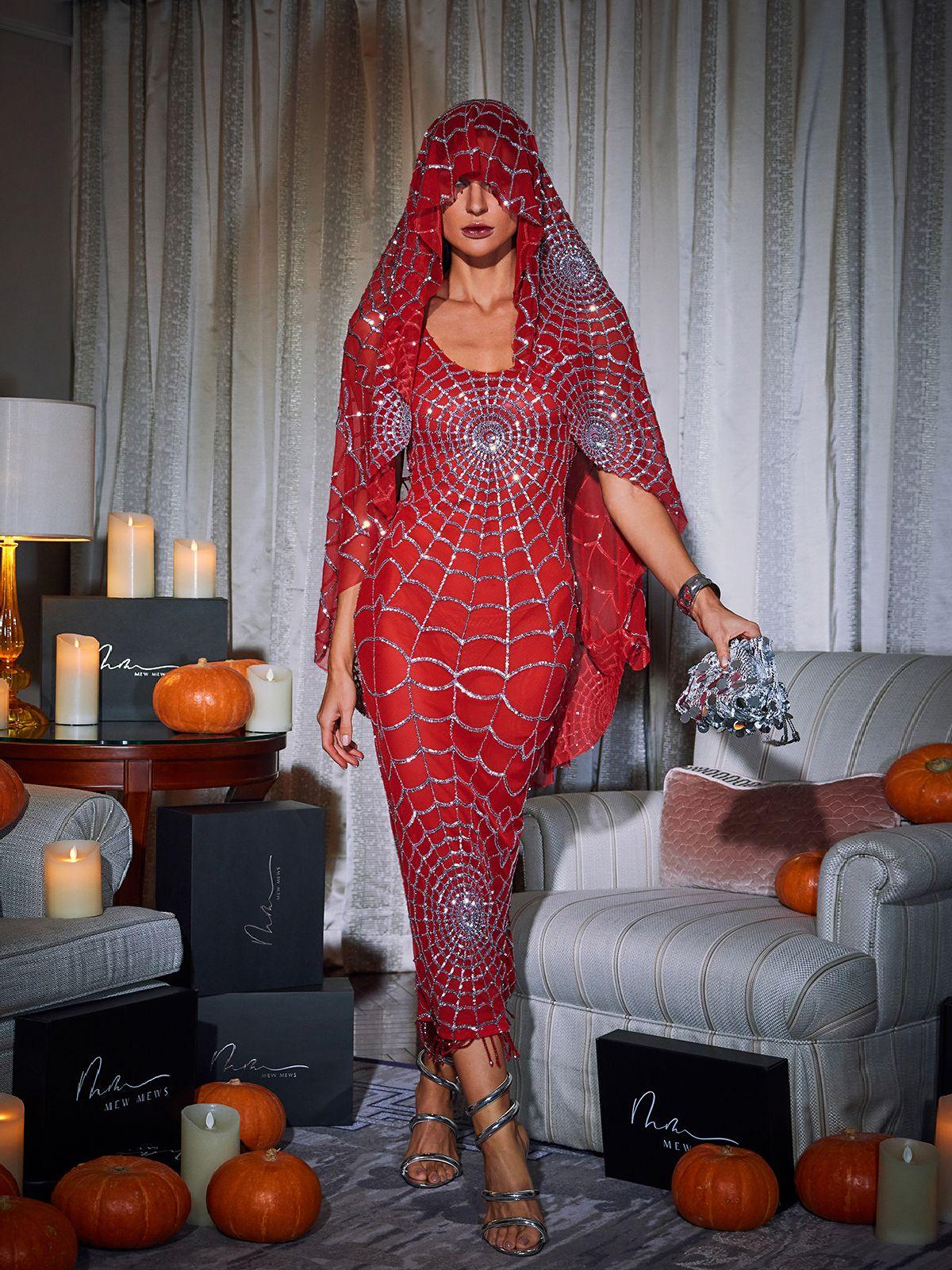 Scoop Neck Glitter Spiderweb Beaded Fringe Midi Dress 4