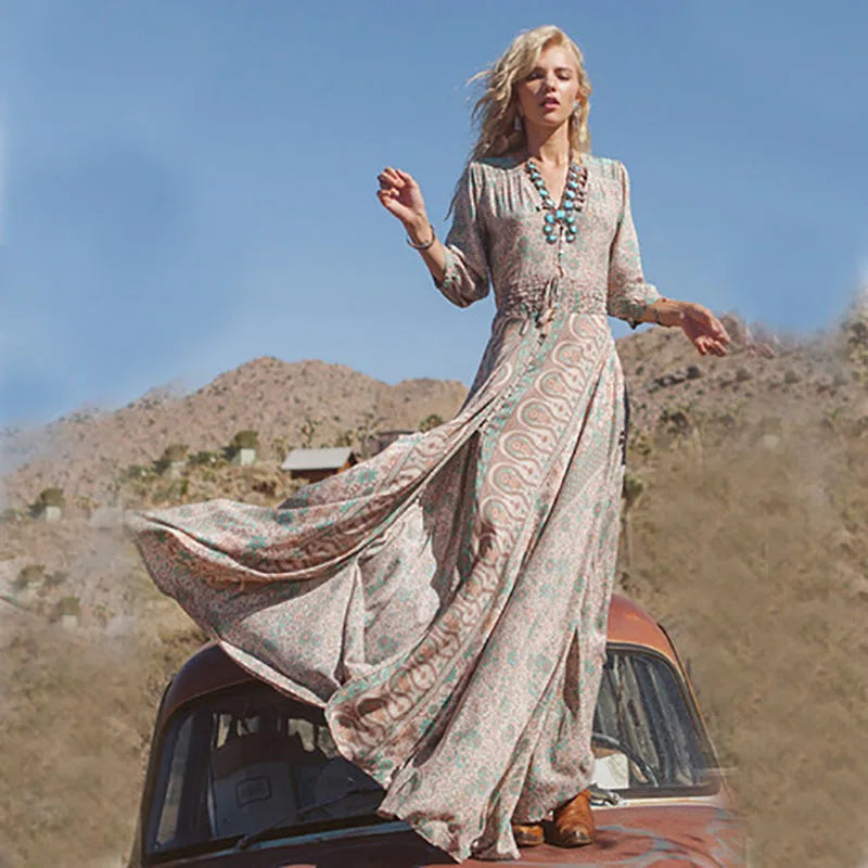 Brown Floral V-Neck Long Sleeve High Slit Maxi Dress