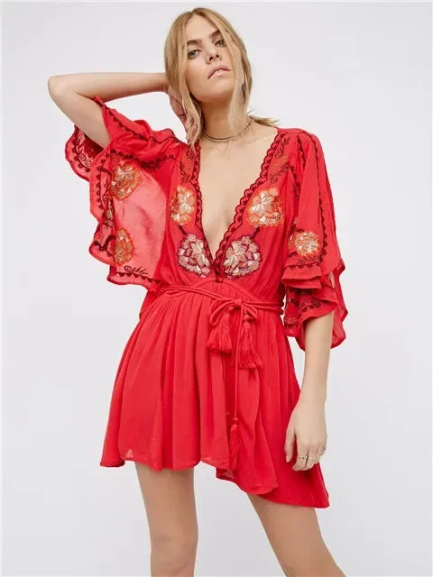 Embroidered Floral V-Neck Flutter Sleeve Tie Waist Mini Dress