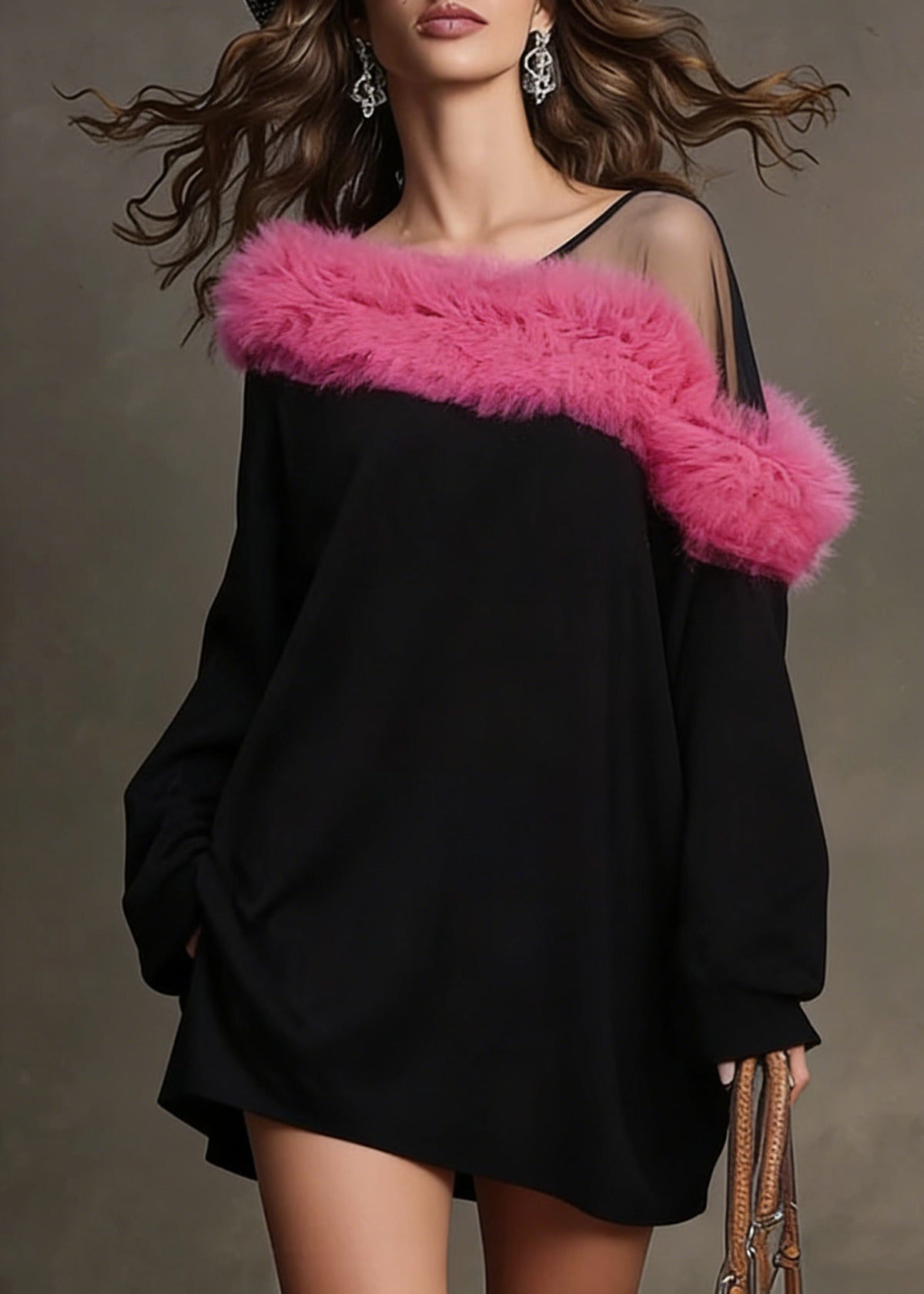 One-Shoulder Mesh Panel Faux Fur Trim Sweatshirt Mini Dress