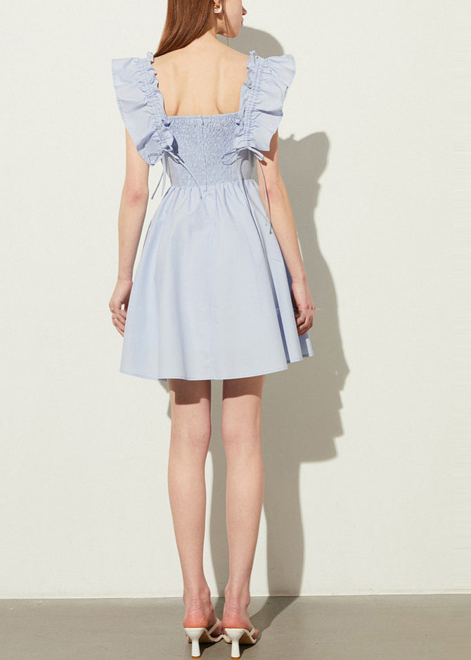Square Neck Smocked Ruffle Strap Tie Detail Box Pleat Mini Dress 5