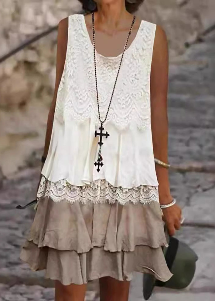 Scoop Neck Lace Overlay Scalloped Tiered Ruffle Hem Sleeveless Mini Dress 3