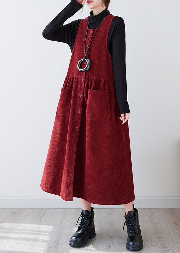 V Neck Sleeveless Corduroy Pinafore Patch Pocket Button Maxi Dress 4